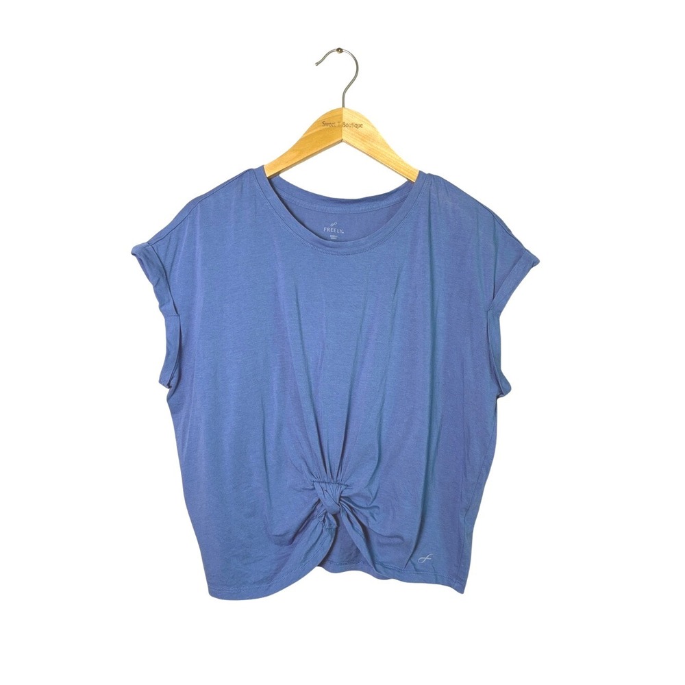 FREELY XL Slate Blue Knotted Front Boxyโ Cropped 2023 Athleisure Workout Top